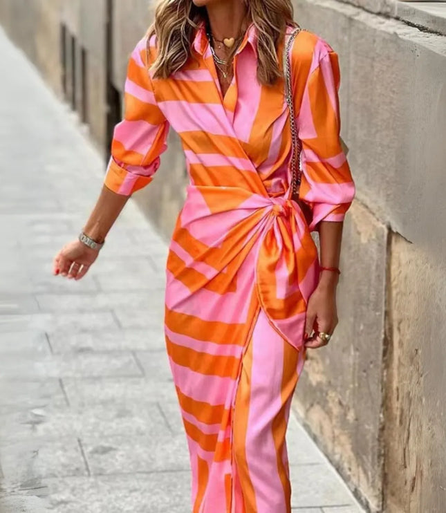 Women floral wrap midi dress with pink and orange striped print, tie waist and puff sleeves