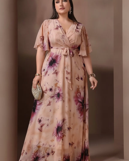Women's Wedding Guest Maxi Dress in Floral with Flutter Sleeve