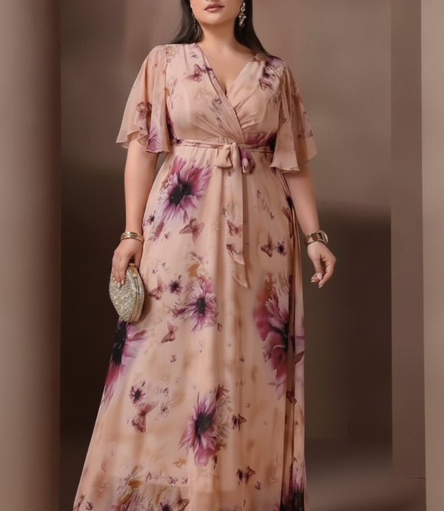 Women's Wedding Guest Maxi Dress in Floral with Flutter Sleeve