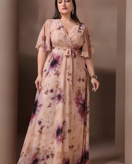 Women's Wedding Guest Maxi Dress in Floral with Flutter Sleeve