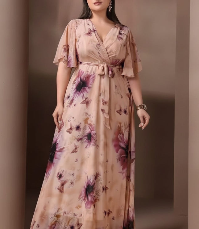 Women's Wedding Guest Maxi Dress in Floral with Flutter Sleeve