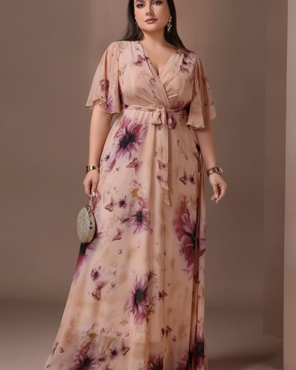 Women's Wedding Guest Maxi Dress in Floral with Flutter Sleeve