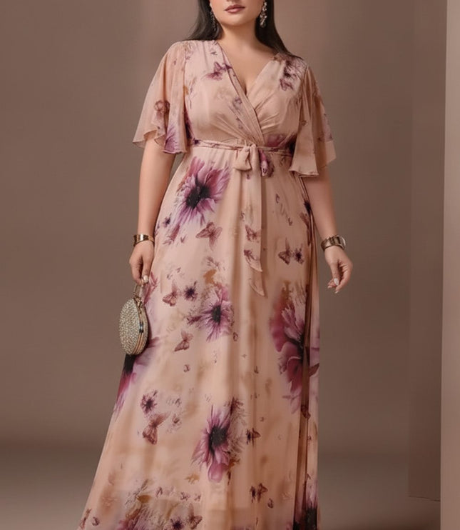 Women's Wedding Guest Maxi Dress in Floral with Flutter Sleeve