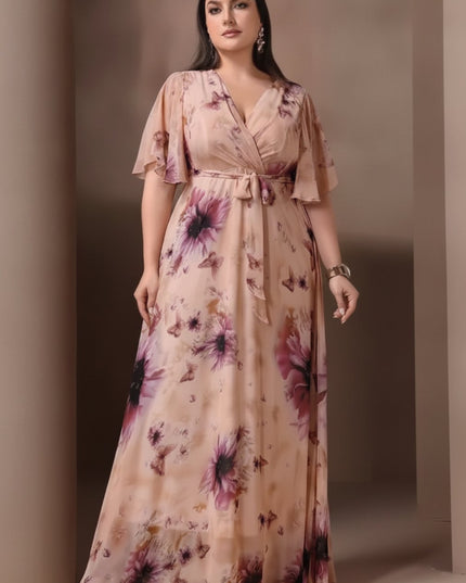 Women's Wedding Guest Maxi Dress in Floral with Flutter Sleeve