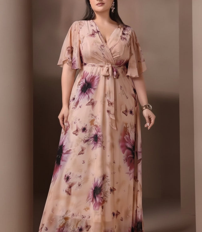 Women's Wedding Guest Maxi Dress in Floral with Flutter Sleeve