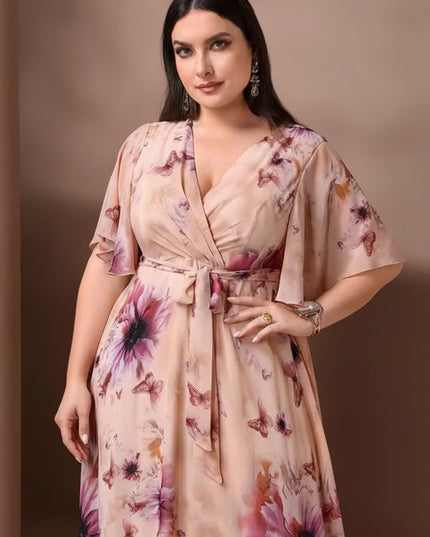 Women's Wedding Guest Maxi Dress in Floral with Flutter Sleeve