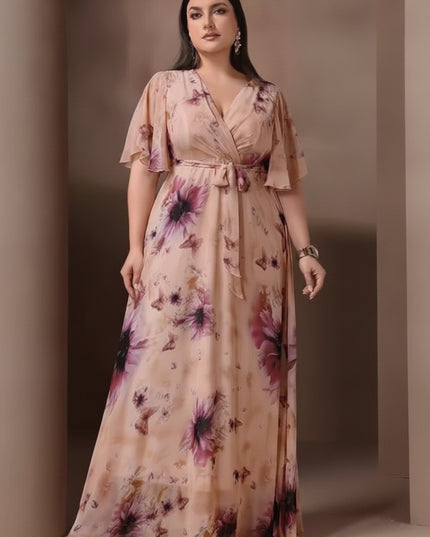 Women's Wedding Guest Maxi Dress in Floral with Flutter Sleeve