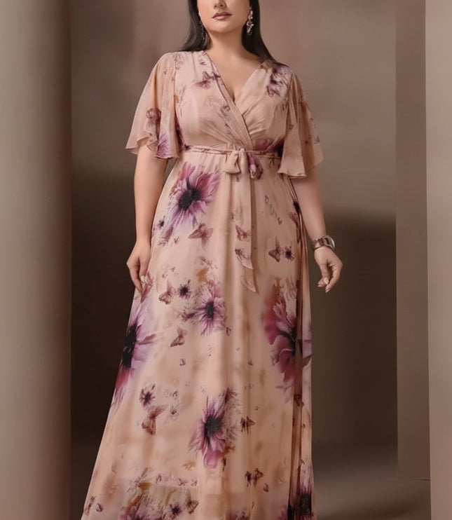 Women's Wedding Guest Maxi Dress in Floral with Flutter Sleeve