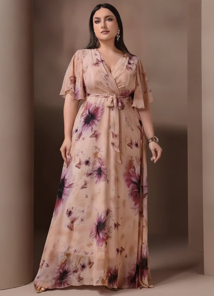 Women's Wedding Guest Maxi Dress in Floral with Flutter Sleeve