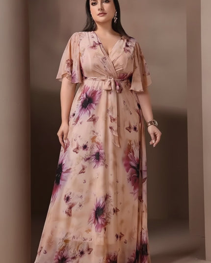 Women's Wedding Guest Maxi Dress in Floral with Flutter Sleeve