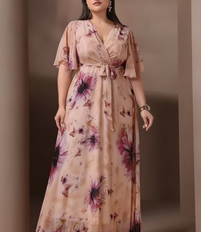Women's Wedding Guest Maxi Dress in Floral with Flutter Sleeve