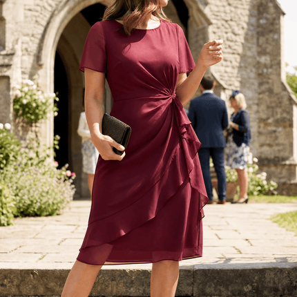 Women's Wedding Guest Midi Dress with a Twist Waist and Ruffles