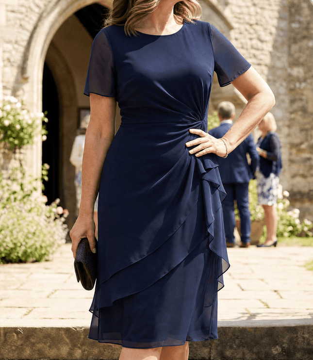 Women's Wedding Guest Midi Dress with a Twist Waist and Ruffles