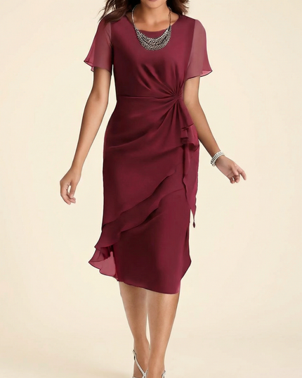 Women's Wedding Guest Midi Dress with a Twist Waist and Ruffles