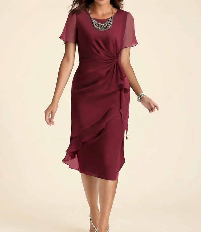 Women's Wedding Guest Midi Dress with a Twist Waist and Ruffles