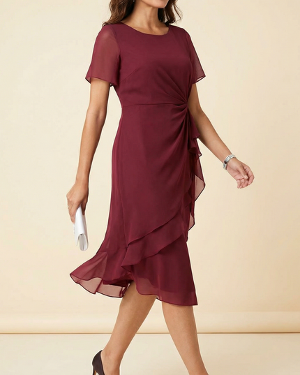 Women's Wedding Guest Midi Dress with a Twist Waist and Ruffles
