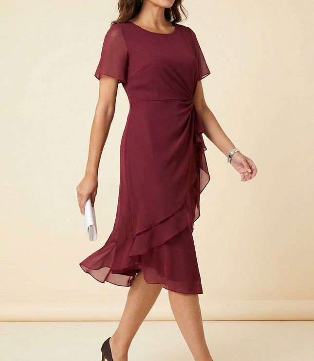 Women's Wedding Guest Midi Dress with a Twist Waist and Ruffles