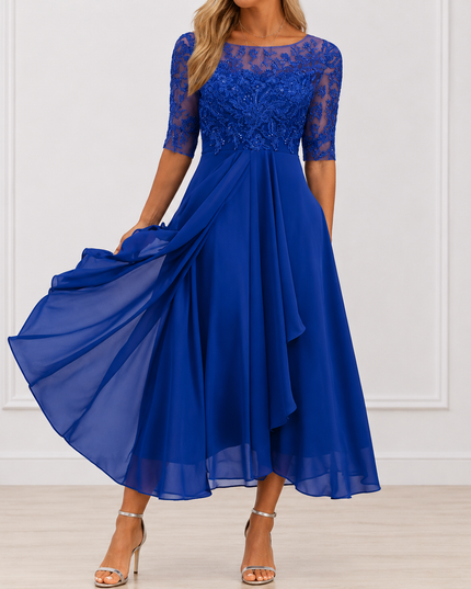 Women's Wedding Guest Midi Dress with Lace Bodice and A-Line Skirt