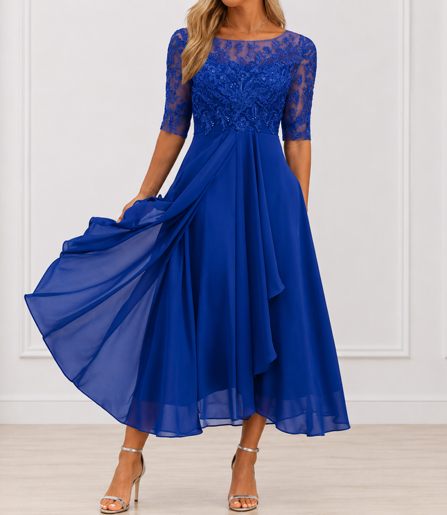 Women's Wedding Guest Midi Dress with Lace Bodice and A-Line Skirt