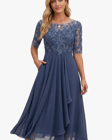 Women's Wedding Guest Midi Dress with Lace Bodice and A-Line Skirt