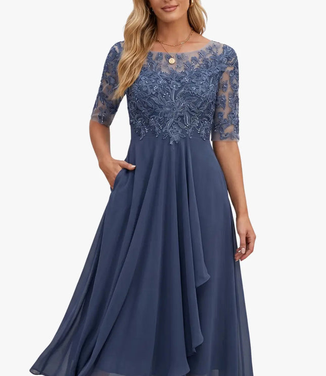 Women's Wedding Guest Midi Dress with Lace Bodice and A-Line Skirt
