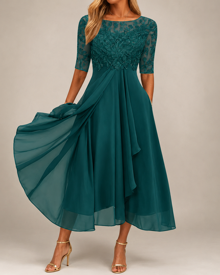 Women's Wedding Guest Midi Dress with Lace Bodice and A-Line Skirt