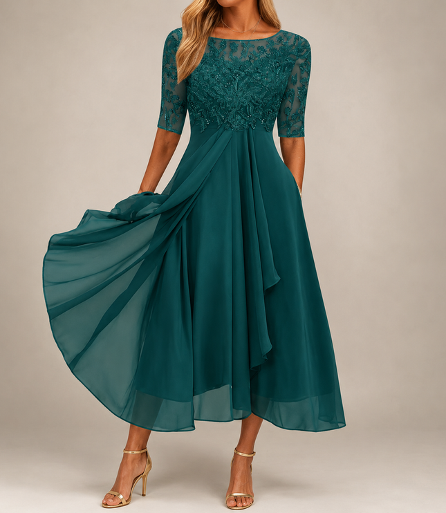Women's Wedding Guest Midi Dress with Lace Bodice and A-Line Skirt