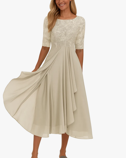 Women's Wedding Guest Midi Dress with Lace Bodice and A-Line Skirt