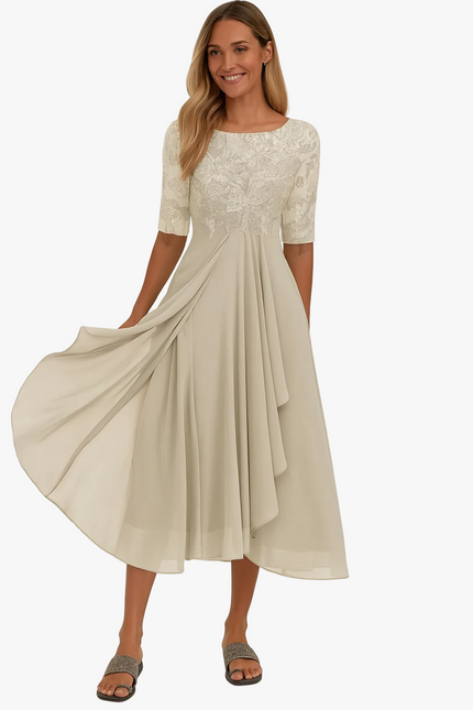 Women's Wedding Guest Midi Dress with Lace Bodice and A-Line Skirt
