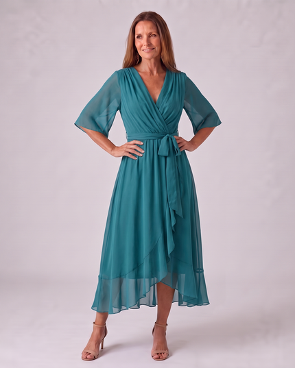 Women's Wedding Guest Midi Dress with Wrap Front and Flowing Sleeves