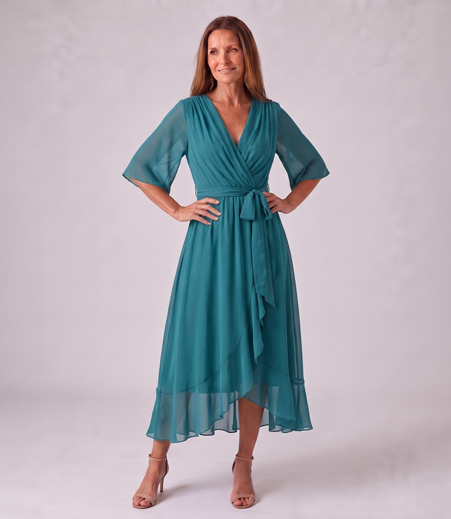 Women's Wedding Guest Midi Dress with Wrap Front and Flowing Sleeves