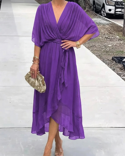 Women's Wedding Guest Midi Dress with Wrap Front and Flowing Sleeves