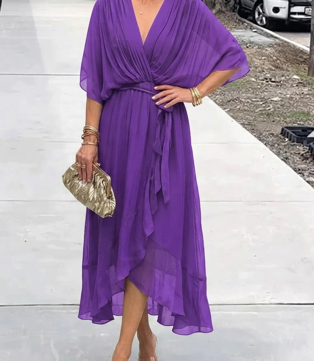 Women's Wedding Guest Midi Dress with Wrap Front and Flowing Sleeves