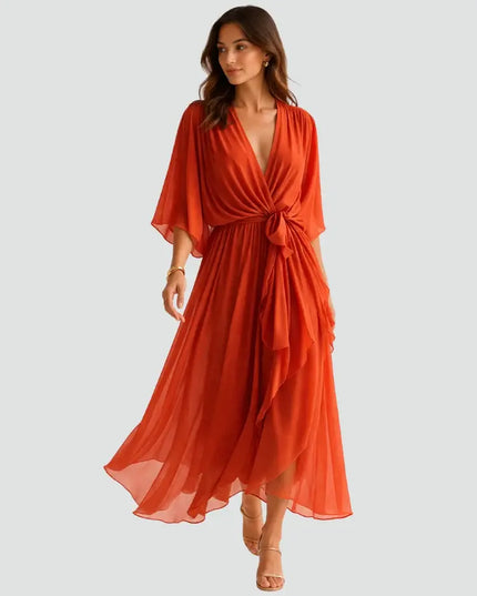 Women's Wedding Guest Midi Dress with Wrap Front and Flowing Sleeves