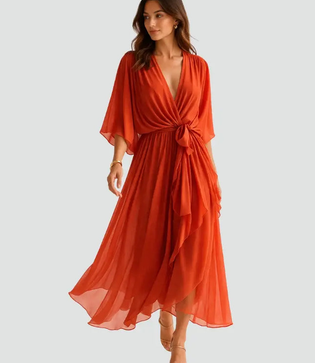 Women's Wedding Guest Midi Dress with Wrap Front and Flowing Sleeves