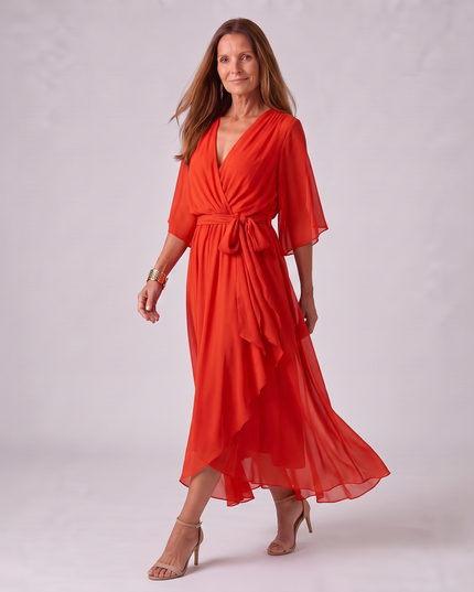 Women's Wedding Guest Midi Dress with Wrap Front and Flowing Sleeves