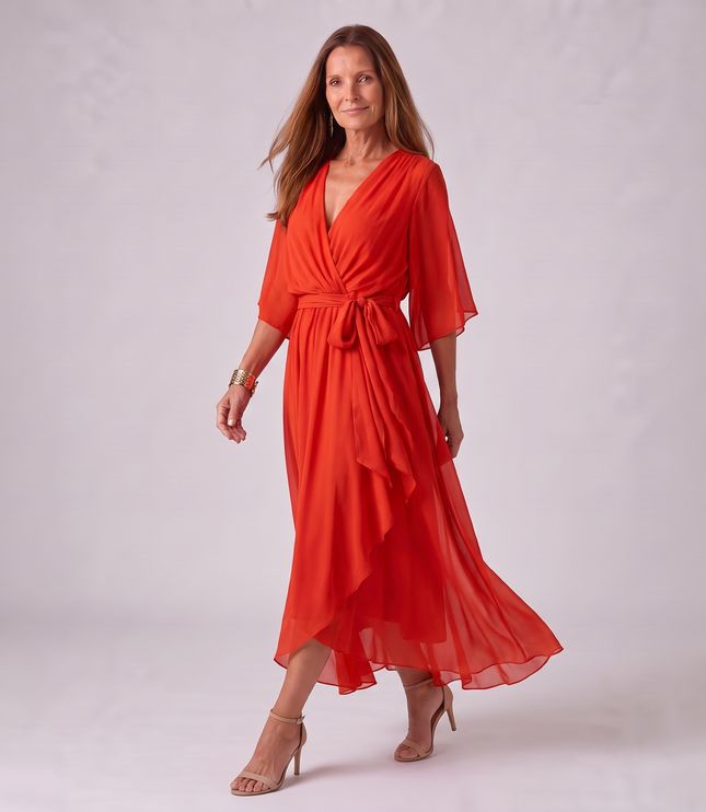 Women's Wedding Guest Midi Dress with Wrap Front and Flowing Sleeves