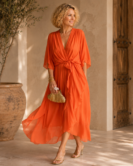 Women's Wedding Guest Midi Dress with Wrap Front and Flowing Sleeves