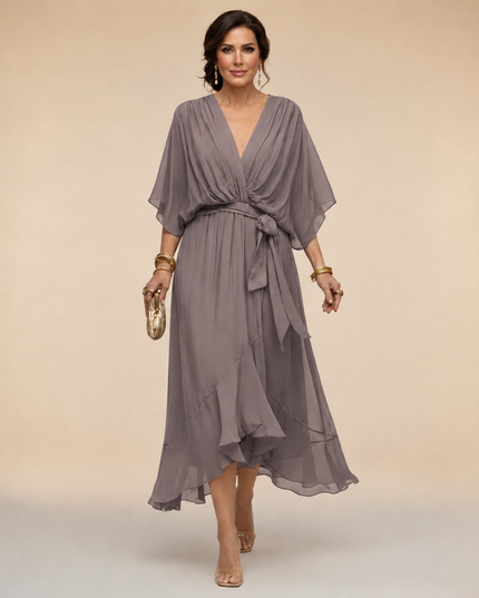 Women's Wedding Guest Midi Dress with Wrap Front and Flowing Sleeves