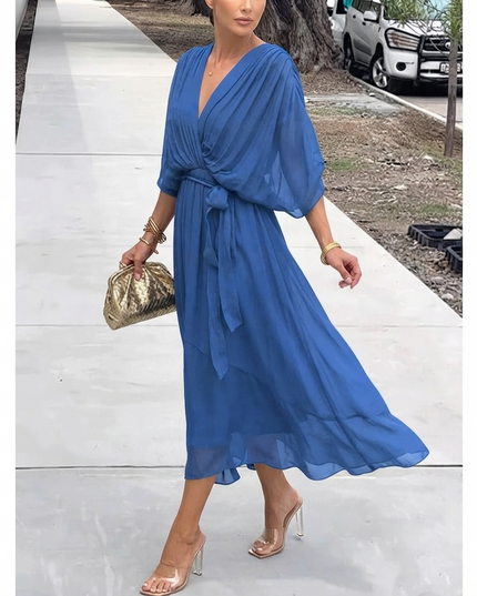Women's Wedding Guest Midi Dress with Wrap Front and Flowing Sleeves