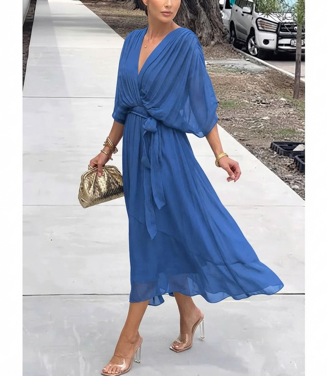 Women's Wedding Guest Midi Dress with Wrap Front and Flowing Sleeves