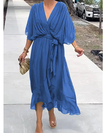 Women's Wedding Guest Midi Dress with Wrap Front and Flowing Sleeves