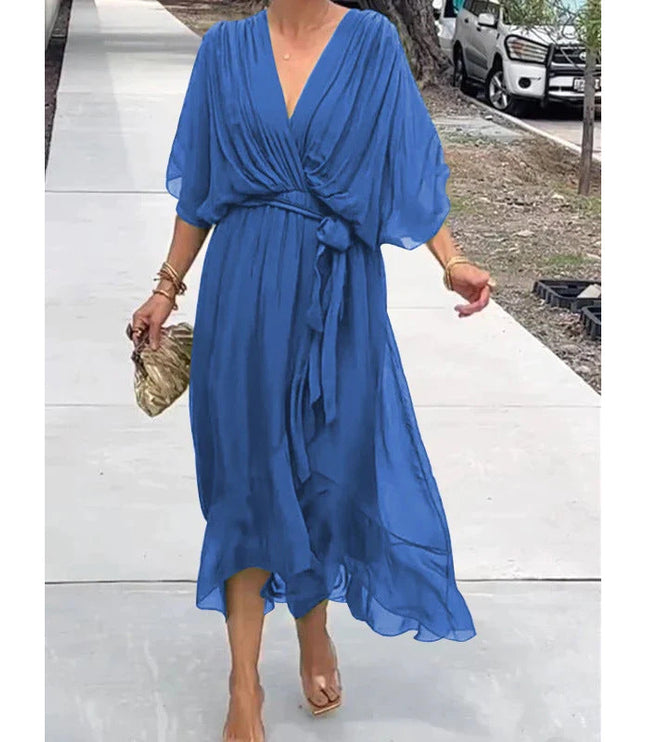 Women's Wedding Guest Midi Dress with Wrap Front and Flowing Sleeves