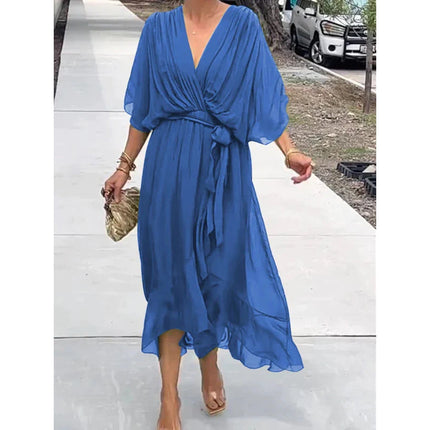 Women's Wedding Guest Midi Dress with Wrap Front and Flowing Sleeves