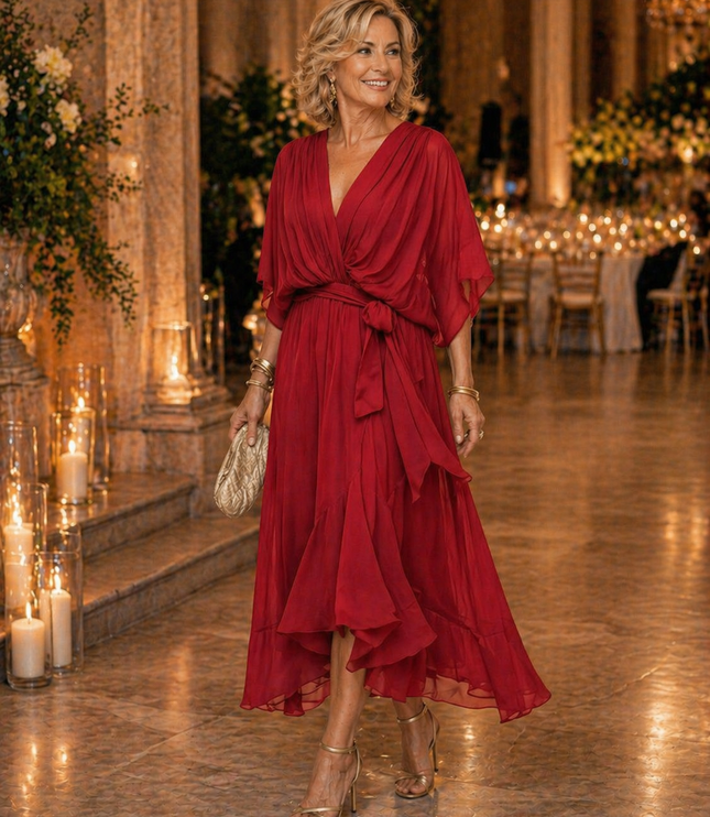 Women's Wedding Guest Midi Dress with Wrap Front and Flowing Sleeves