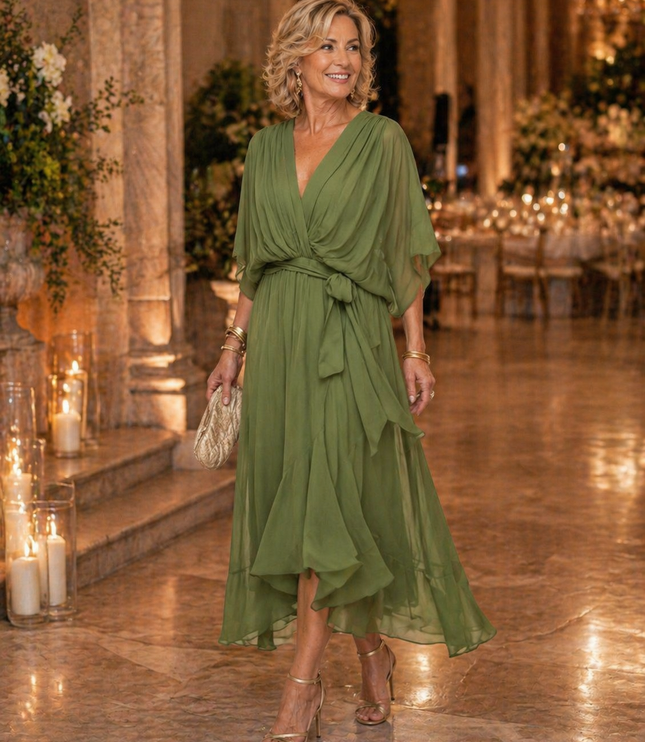 Women's Wedding Guest Midi Dress with Wrap Front and Flowing Sleeves