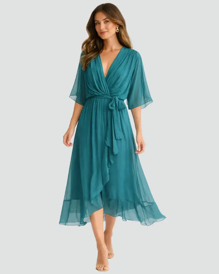 Women's Wedding Guest Midi Dress with Wrap Front and Flowing Sleeves