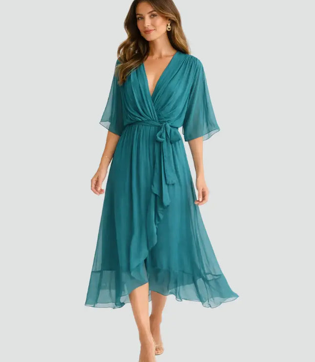 Women's Wedding Guest Midi Dress with Wrap Front and Flowing Sleeves