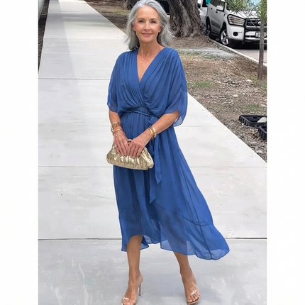 Women's Wedding Guest Midi Dress with Wrap Front and Flowing Sleeves
