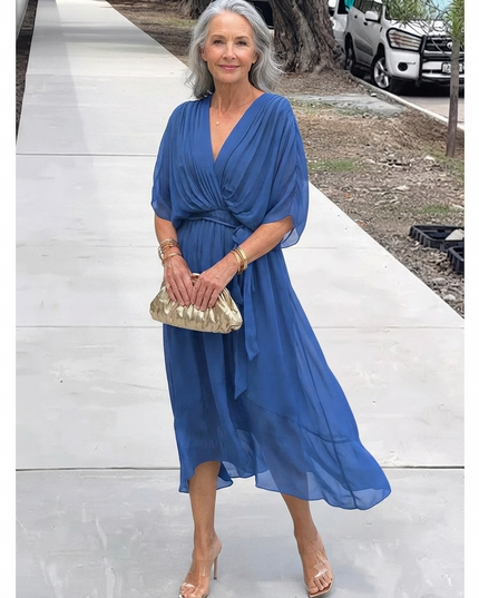 Women's Wedding Guest Midi Dress with Wrap Front and Flowing Sleeves
